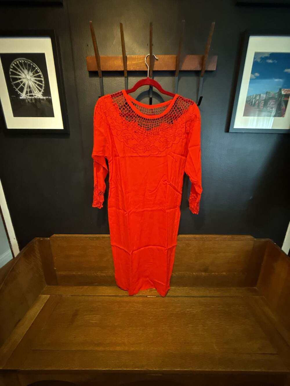 Vintage 70’s Red Lace/embroidered Trim Dress Midi Dress